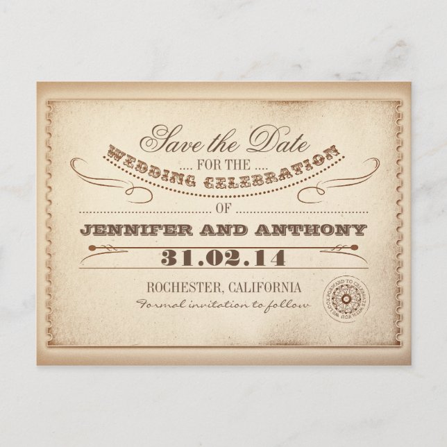 rustic save the date vintage tickets postcards (Front)