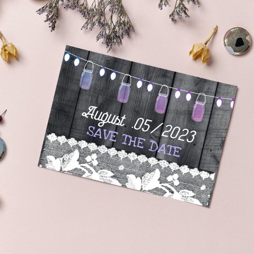 rustic save the date with wood lace string light announcement postcard