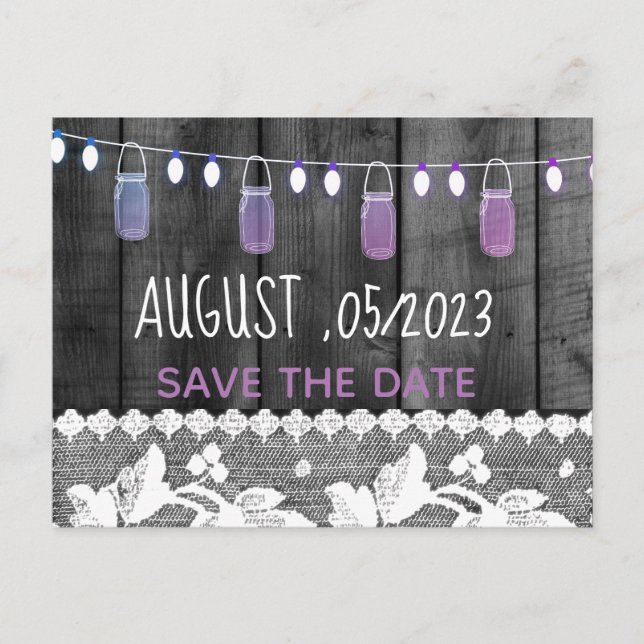 rustic save the date with wood ,lace ,string light announcement postcard (Front)