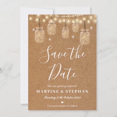 Rustic save the dates string lights  mason jars  invitation