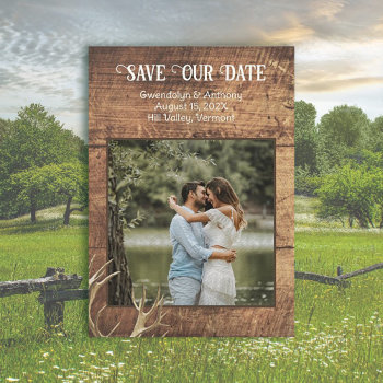 Rustic Save The Dates Wood Antlers Photo Template by BlueHyd at Zazzle