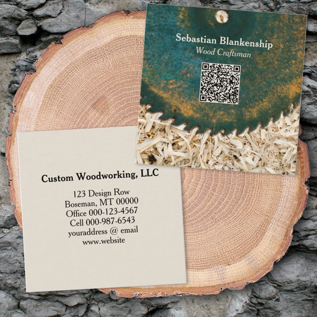 Rustic Saw Blade Woodworking Craftsman QR Code Square Business Card (Creator Uploaded)