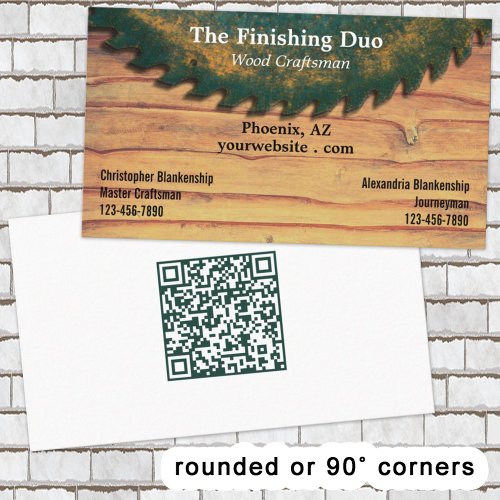Rustic Saw Blade Woodworking Dual Names QR Code Business Card