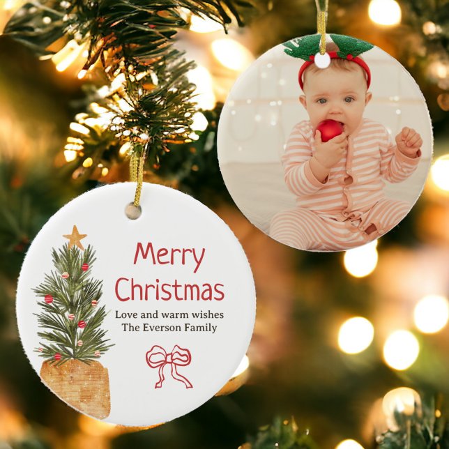  Rustic Scandi Bow Boho Christmas Tree Photo  Ceramic Ornament (Rustic Scandi Bow Boho Christmas Tree Photo Ceramic Ornament)