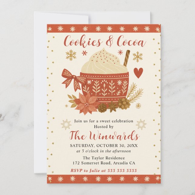 Rustic Scandinavian Red Mug Cookies & Cocoa Invitation (Front)