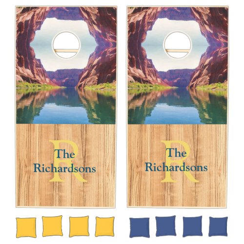 Rustic Scenic Colorado River Monogram Name   Cornhole Set