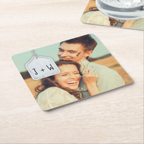 Rustic Scrapbook Initials and Photo Wedding Square Paper Coaster