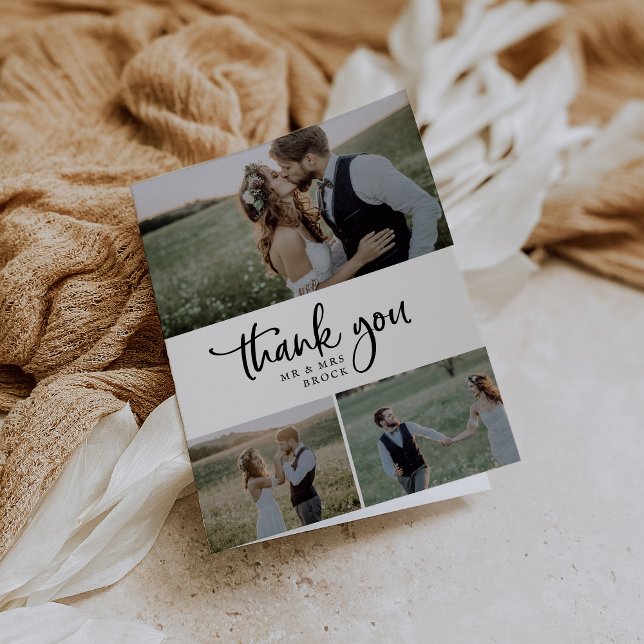 Rustic Script 3 Photo Collage Folded Wedding Letterpress Thank You Card (Creator Uploaded)