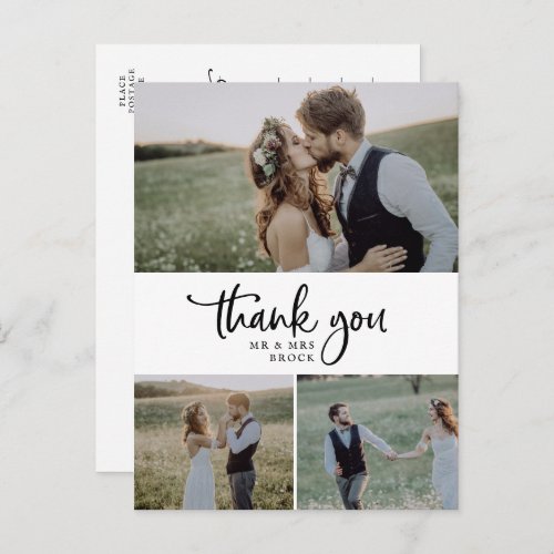Rustic Script 3 Photo Collage Wedding Thank You Postcard