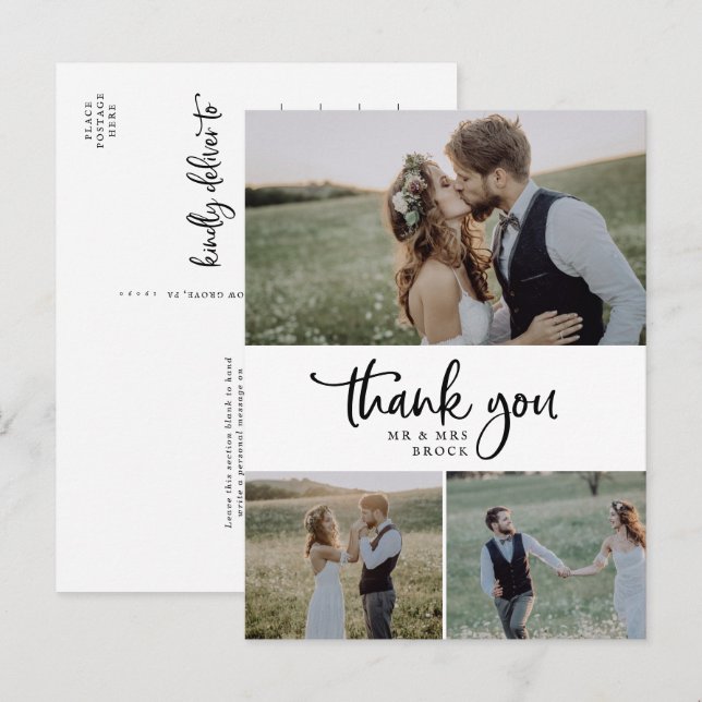 Rustic Script 3 Photo Collage Wedding Thank You Postcard (Front/Back)