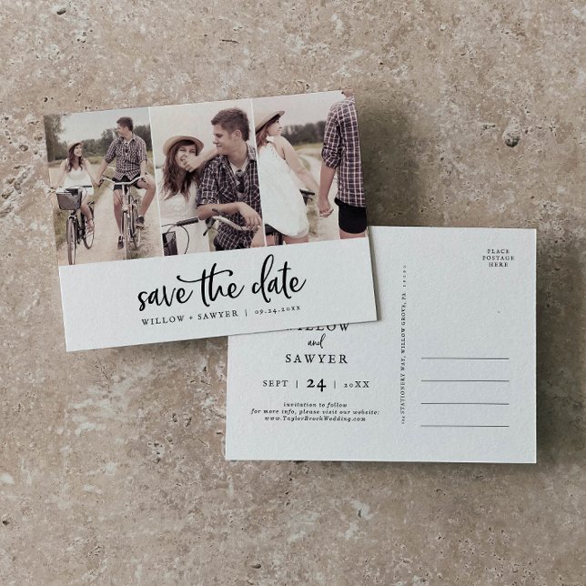 Rustic Script 3 Photo Save the Date Invitation Postcard (Creator Uploaded)