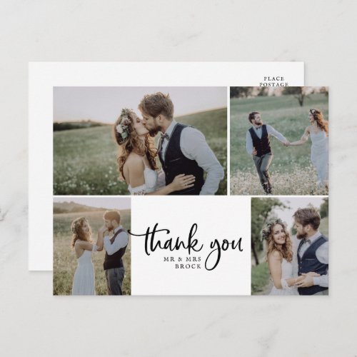 Rustic Script 4 Photo Collage Wedding Thank You Postcard