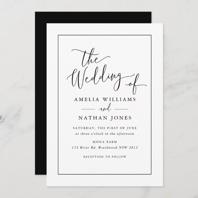 Rustic Script Black White Wedding   Invitation (Front/Back)