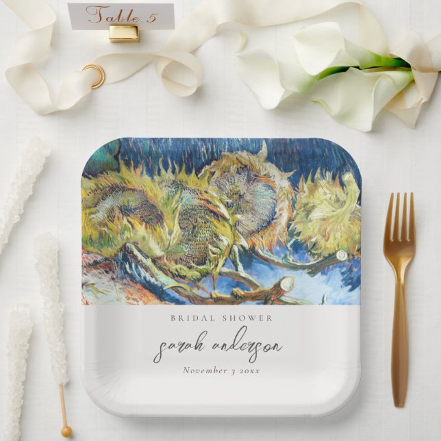 Rustic Script Blue Yellow Sunflower Bridal Shower Paper Plates (Wedding)