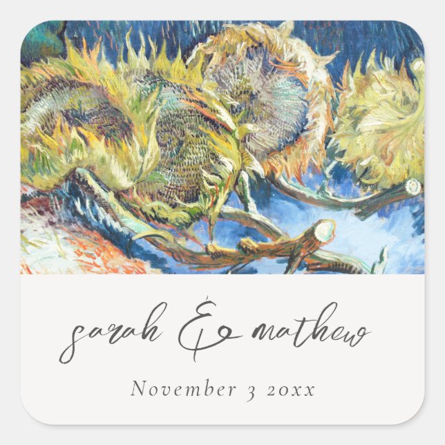Rustic Script Blue Yellow Sunflower Wedding Square Sticker (Front)