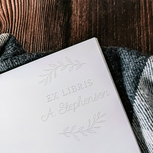 Rustic Script Botanical Leaves Ex Libris Bookplate Embosser