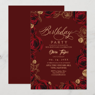 Rustic Script Burgundy Rose Birthday  Invitation