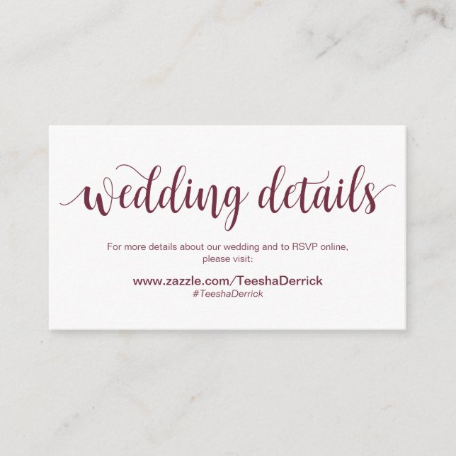 Rustic Script, Burgundy, Wedding Details, Hashtag Enclosure Card (Front)