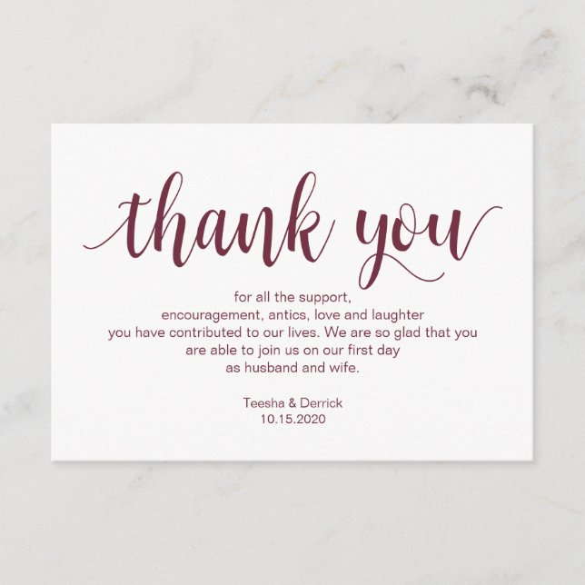 Rustic Script, Burgundy, Wedding Thank you Enclosure Card (Front)