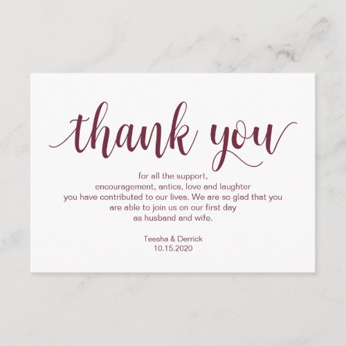 Rustic Script Burgundy Wedding Thank you Enclosure Card