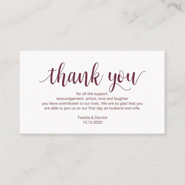 Rustic Script, Burgundy, Wedding Thank you Enclosure Card (Front)