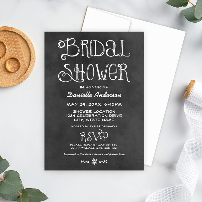 Rustic Script Chalkboard Bridal Shower Black Invitation (Creator Uploaded)