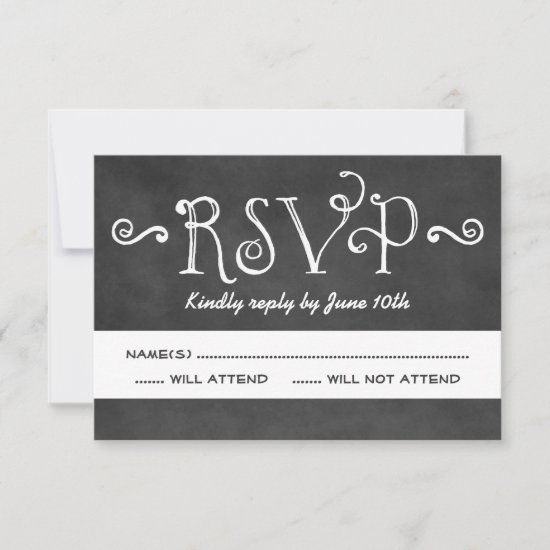 Rustic Script Chalkboard Wedding Black RSVP Card