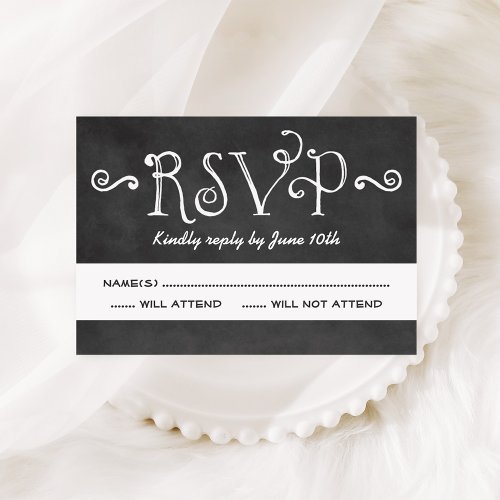 Rustic Script Chalkboard Wedding Black RSVP Card