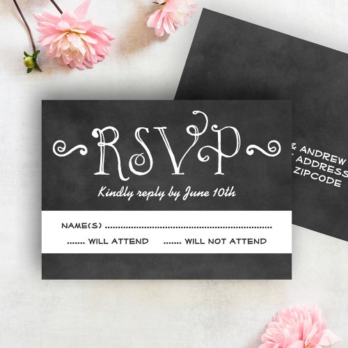 Rustic Script Chalkboard Wedding Black RSVP Card