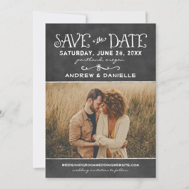 Rustic Script Chalkboard Wedding Photo Black Save The Date (Front)