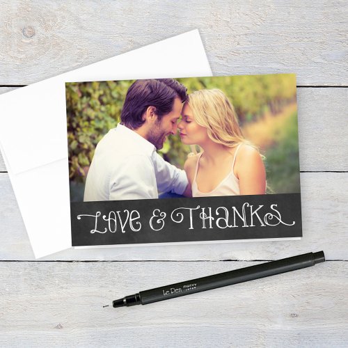 Rustic Script Chalkboard Wedding Photo Black Thank You Card