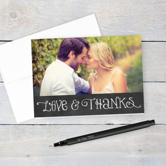 Rustic Script Chalkboard Wedding Photo Black Thank You Card (Creator Uploaded)