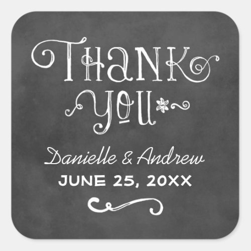 Rustic Script Chalkboard Wedding Thank You Black Square Sticker