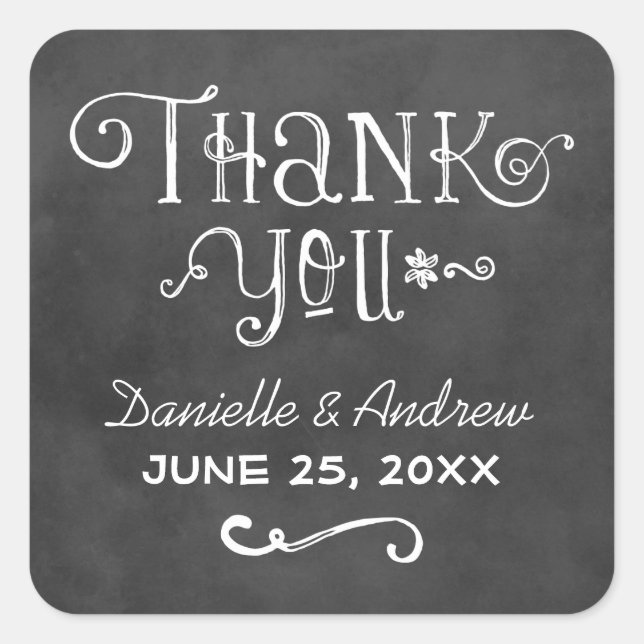 Rustic Script Chalkboard Wedding Thank You Black Square Sticker (Front)