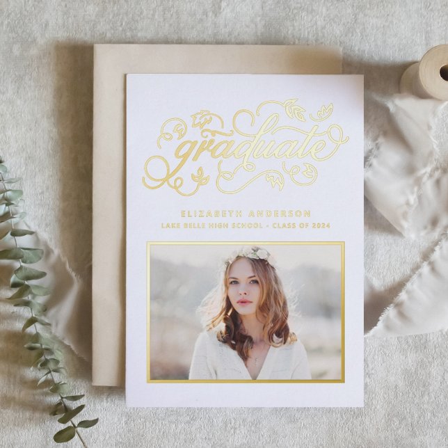 Rustic Script Class of 2024 Graduation Gold Foil Invitation (Customizable gold foil photo graduation announcement.)