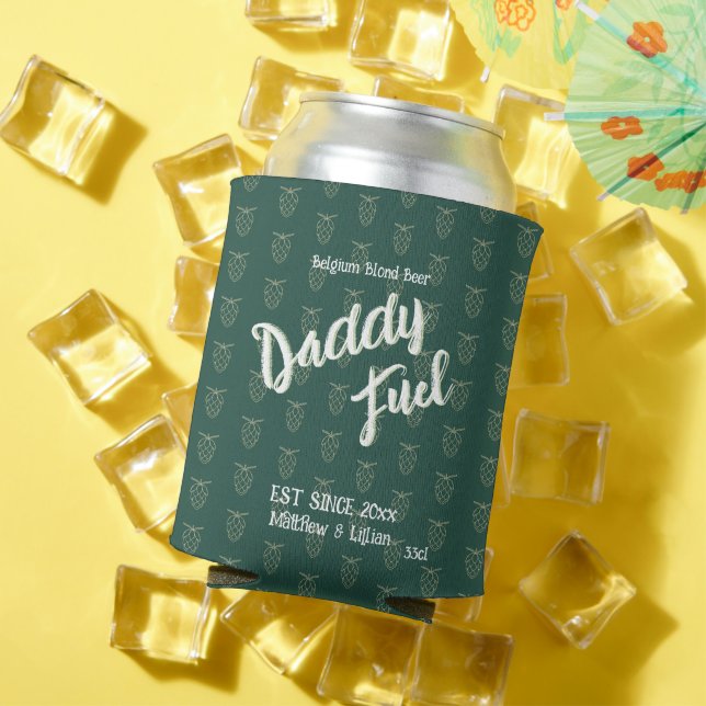 Rustic script "Daddy Fuel" green pattern hop Can Cooler (In Situ Summer)