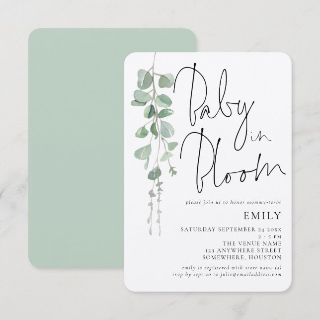 Rustic Script Eucalyptus Baby in Bloom Shower Invitation (Front/Back)