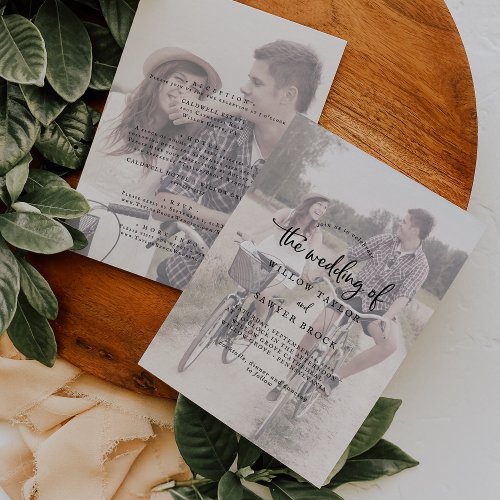 Rustic Script  Faded Photo Front and Back Wedding Invitation