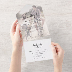 Rustic Script Faded Photo Wedding All In One Invit All In One Invitation