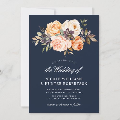 Rustic script fall floral navy blue wedding invitation