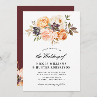 Rustic script fall floral wedding invitation