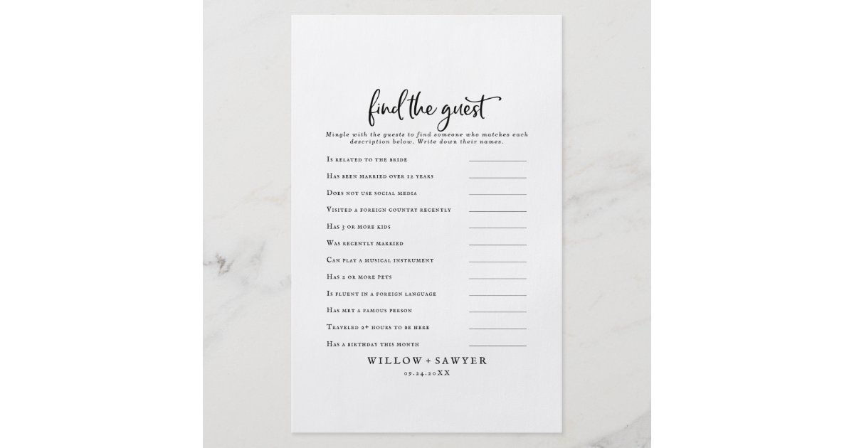 Rustic Script Find the Guest Wedding Game Card Flyer | Zazzle