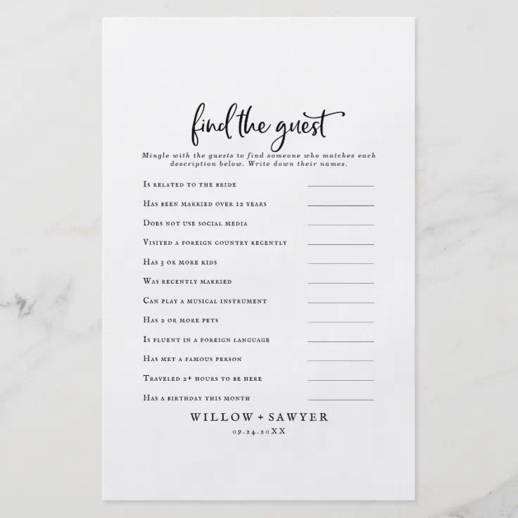 Rustic Script Find the Guest Wedding Game Card Flyer | Zazzle