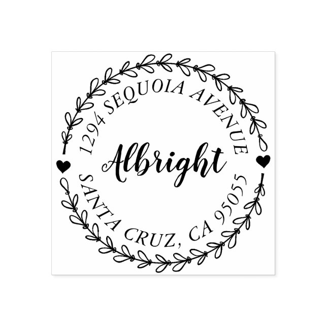 Rustic Script & Hand Drawn Wreath Return Address Rubber Stamp (Imprint)