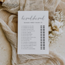 Rustic Script He Said She Said Bridal Shower Game