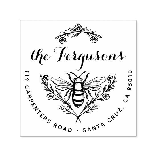 Rustic Script Honey Bee Round Return Address Self-inking Stamp