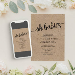 Rustic Script Kraft Oh Babies Twins Baby Shower Invitation