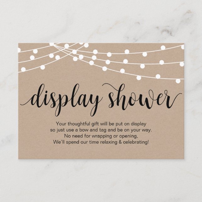 Rustic Script, Kraft, String Lights Display Shower Enclosure Card (Front)