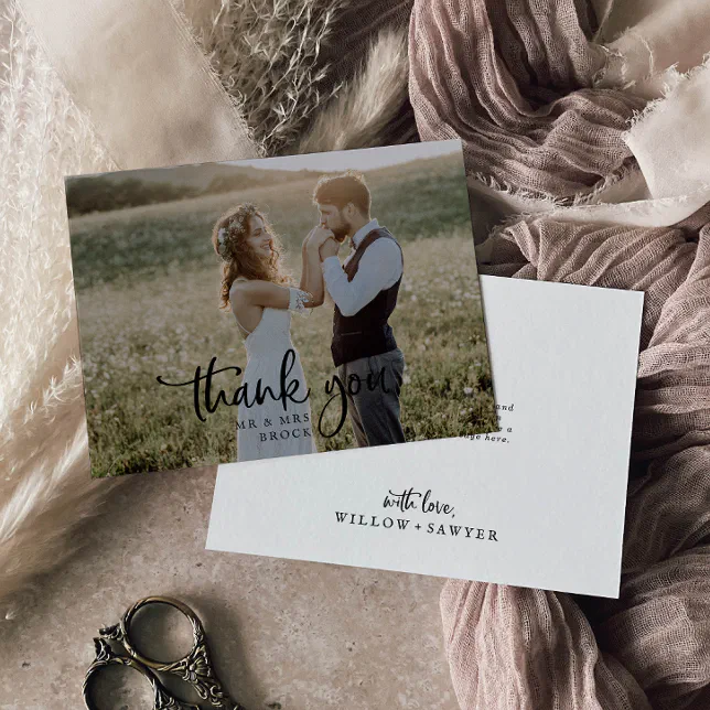 Rustic Script Light Photo Wedding Thank You Card | Zazzle