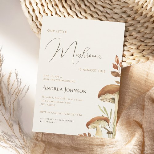 Rustic Script Little Mushroom Forest Baby Shower Invitation